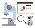 Robot with magnifying glass, microscope, and analytics screen showcasing science and innovation themes Royalty Free Stock Photo