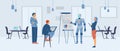 Robot makes presentation in front of group of people at work office, flat vector illustration.