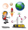 Robot and male astronout with planet