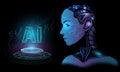 Robot girl Artificial intelligence with a beautiful face logo AI on hand in circuit virtual cyberspace futuristic technology