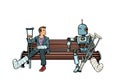 A robot and a man with broken legs with crutches and in a cast