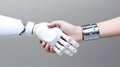 Robot and man hands in handshake. AI technology development and human robot relationships