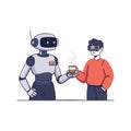 Robot and man sharing hot coffee in friendly interaction vector illustration Royalty Free Stock Photo