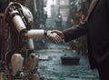 A robot and a man in a suit shake hands