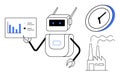 Robot Managing Data Analytics with Clock and Factory Elements Symbolizing Automation and Efficiency Royalty Free Stock Photo
