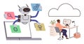 Robot managing digital tasks while a remote worker operates a computer near a cloud network symbol Royalty Free Stock Photo