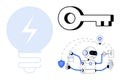 Robot managing tasks with lightbulb symbol and key, representing innovation and problem-solving Royalty Free Stock Photo