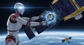 futuristic robot repairing satellite in orbit, space exploration and technology, robotic assistance in space, earth background Royalty Free Stock Photo