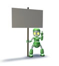 Robot mascot character pointing up to placard sign Royalty Free Stock Photo