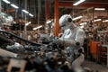Robot mechanic performs precise part replacements in an advanced industrial workshop during daytime operations