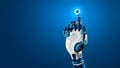 Robot mechanical arm or hand presses the index finger on the button a HUD interface. Bionic prosthesis. Artificial Intelligence