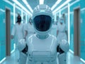 Robot medical doctor stands in hospital hallway with nurses providing assistance and support in modern healthcare setting