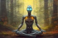 Robot meditating forest. Generate Ai