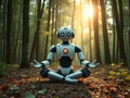 A robot meditating in a tranquil forest with sunlight filtering through the trees. Royalty Free Stock Photo