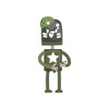 Robot military character, android in green uniform standing with automatic machine in its hands cartoon vector