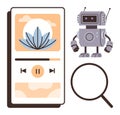 Robot, mobile app interface, and magnifying glass symbolizing technology, AI, and digital exploration Royalty Free Stock Photo