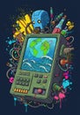 Robot Monitoring Earth Globe on Retro Computer Display with Sea Waves
