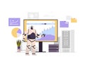 robot monitoring financial statistics data monitor robotic character analyzing graphs and charts artificial intelligence