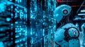 Robot monitoring futuristic server room with complex code displayed on screen Royalty Free Stock Photo