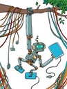 A robot monkey hangs on a tree branch while it is surrounded by a lot of technology. Synthesis of technological