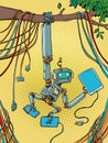 A robot monkey hangs on a tree branch while it is surrounded by a lot of technology. Synthesis of technological