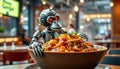 Robot Monkey Serving a Steaming Bowl of Spaghetti at Restaurant Royalty Free Stock Photo