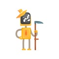 Robot mower character cartoon, android farmer standing with scythe in its hands vector illustration