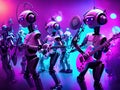 Robot music band playing virtual music in purple and blue colors