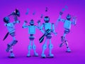 Robot music band playing virtual music in purple and blue colors