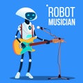 Robot Musician Playing Guitar And Singing Into Microphone Vector. Isolated Illustration