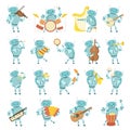 Robot Musician Playing Musical Instrument Performing on Stage Big Vector Set