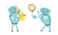 Robot Musician Playing Musical Instrument Performing on Stage Vector Set