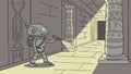 Robot Navigating a Dark, Mysterious Dungeon, Futuristic Exploration, vector design Generative AI Royalty Free Stock Photo