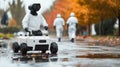 Robot navigating a wet path among autumn trees and astronauts