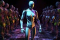 Robot in neon light stands next to row of robots. Generative AI Royalty Free Stock Photo