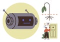 Robot with neutral expression, drooping plant, and a person using smart lock technology on a door Royalty Free Stock Photo