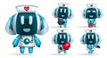 Robot nurse characters vector set. Robotic animal characters in friendly faces and uniform isolated in white background for ai.