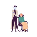 Robot nurse for elderly people flat vector illustration. Humanoid cyborg and happy old man in wheelchair cartoon