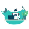 Robot online assistance and machine learning. Flat vector illustration of futuristic robot working with laptop for