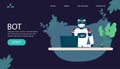 Robot online assistance and machine learning. Flat vector illustration of futuristic robot working with laptop for