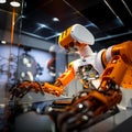 Robot operating industrial machine at future digital manufacture. Generative AI