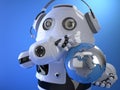 Robot operator in headset with globe. Globall support concept. C