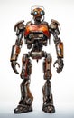 Robot F134 orange fighting old rusted iron One isolated on white background