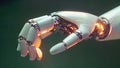 Robot ot humanoid hand on dark green background with warm light. Prothesis medicine. Artificial intelligence AI era