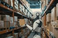 A robot overseeing a fashion e-commerce warehouse efficiently sorting and packaging orders with speed and precision