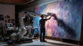 Robot painter creating abstract art on a large canvas, studio setting. By generative Ai Royalty Free Stock Photo