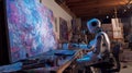 Robot painter creating abstract art on a large canvas, studio setting. By generative Ai Royalty Free Stock Photo