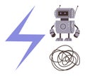 Robot with Power Bolt and Tangled Wire Representing AI Energy and Problem Solving Royalty Free Stock Photo