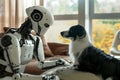 robot pampering a border collie in the living room