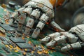 a robot with a pcb in its hands is working on a circuit board, uhd image, industrial machinery aesthetics. Generative AI Royalty Free Stock Photo